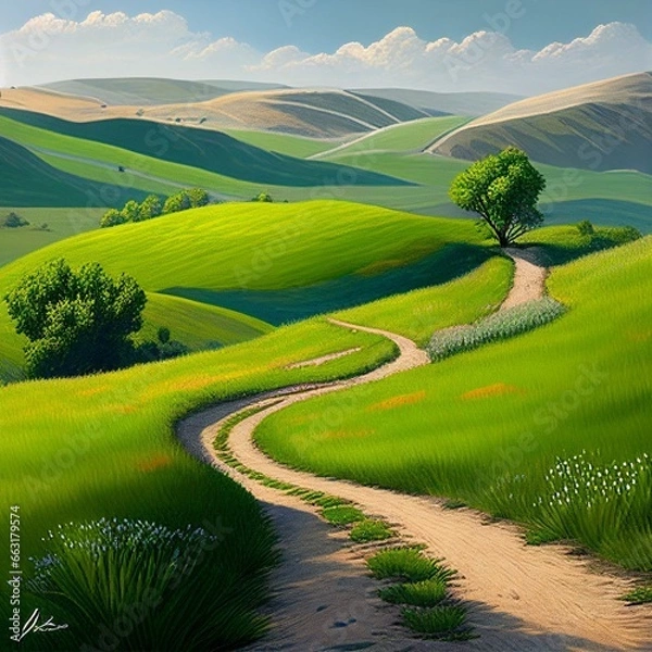 Obraz landscape with green field and blue sky