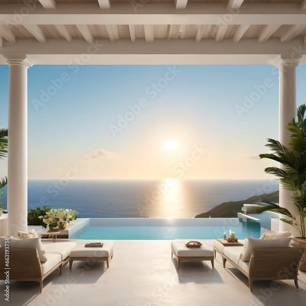 Fototapeta A resort with a blue sky and a beautiful sea. A cot, a pool and a terrace. Generative AI