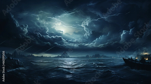 Fototapeta A turbulent, gloomy, overcast sky above the ocean creates a beautiful, natural backdrop.