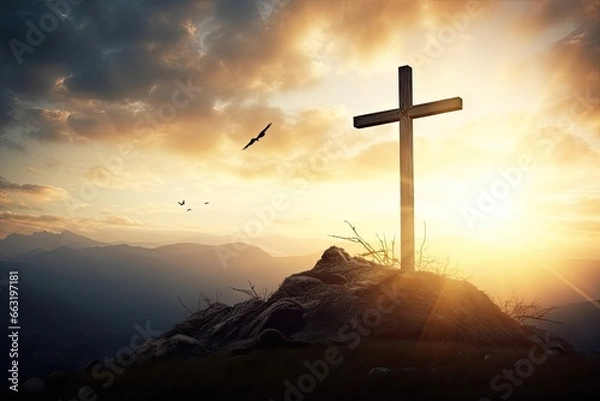 Fototapeta Symbol of faith. Silhouette cross at sunset. Holy resurrection. Easter sunrise. Catholic church sacred. Crucifix rays