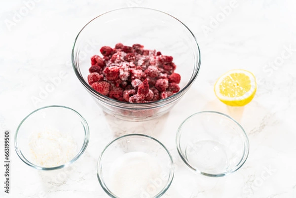 Fototapeta Raspberry Cake Filling-Measured Ingredients Await on Counter