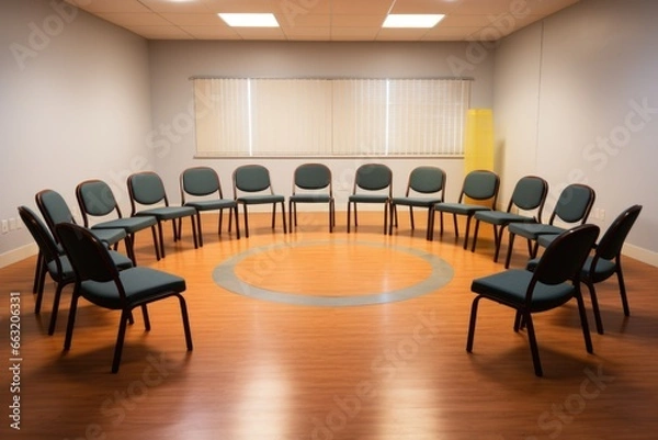 Fototapeta an empty group therapy room with circular arrangement of chairs
