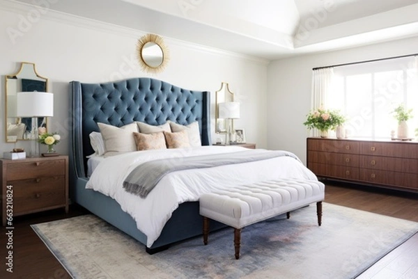 Fototapeta a master bedroom with a walk-in closet and velvet tufted headboard