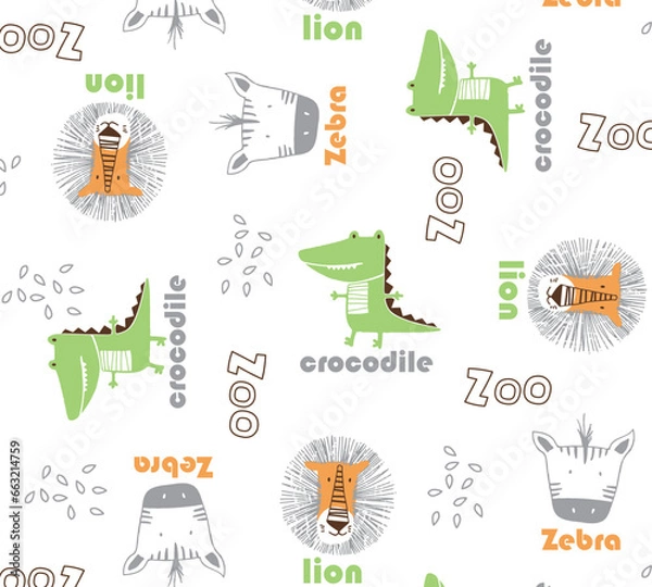 Fototapeta Lion,Crocodile,zebra pattern for kids wear print