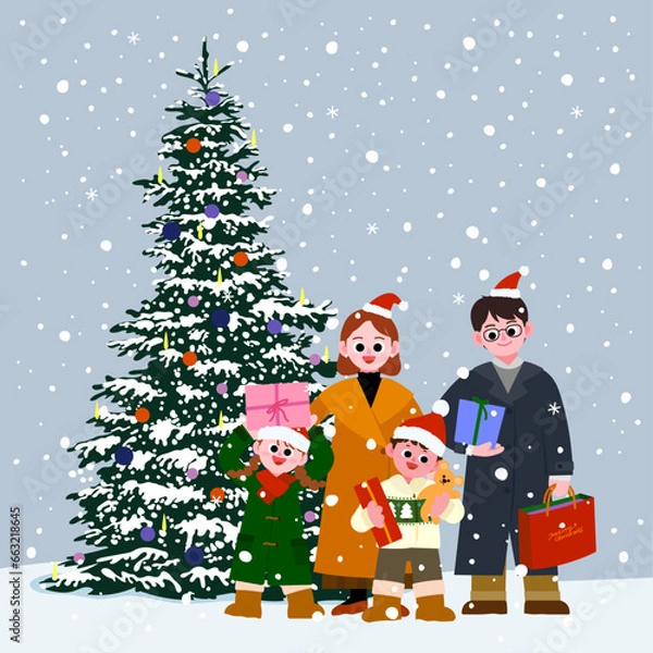 Fototapeta Family Illustration in Snowy Winter with Christmas Tree