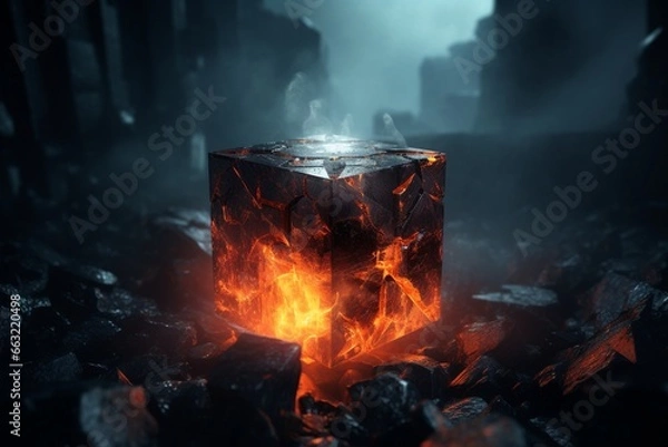 Fototapeta Futuristic Glowing Cube with Smoke and Heated Lava on Dark Room Background

