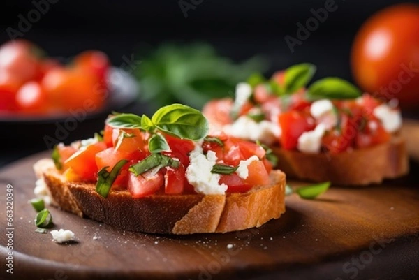 Obraz detailed view of bruschetta with ricotta and a sprinkle of sea salt