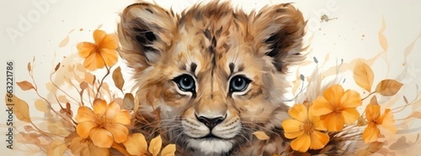 Obraz Cute Safari Animals - Lion and Giraffe for Kids - Watercolor Illustrations - Wide Format for Mug Sublimation