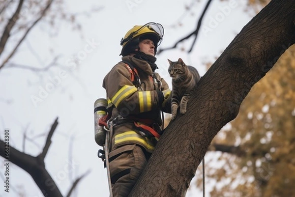 Obraz Firefighter saves cat from tree.AI Generated