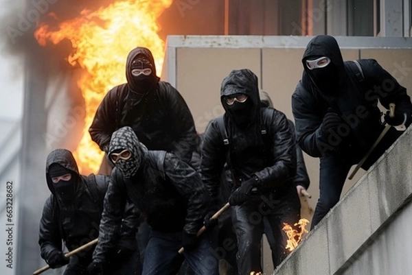 Fototapeta Holigans with masks and fire in the background. AI Generated