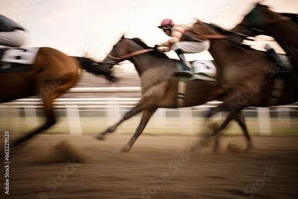 Fototapeta Race hourse taking the lead on the final turn of the race.AI Generated