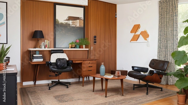 Fototapeta A midcentury modern home office with an eames chair -  Generative AI