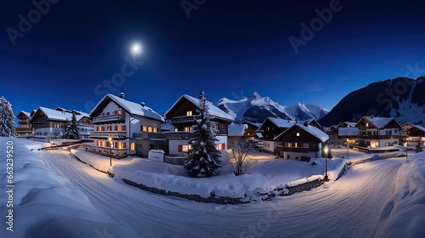 Fototapeta Charming Snow-Covered Village with Cottages Twinkling Lights and Towering Christmas Tree in Town Square