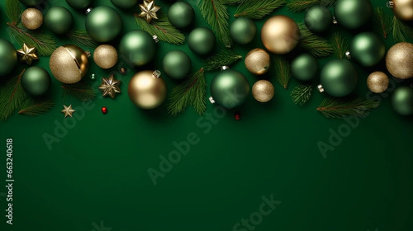 Obraz Christmas ornament lay top on green and gold background. Generative ai