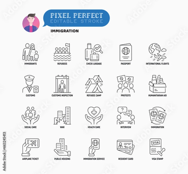 Obraz Immigration thin line icons set: immigrants, illegals, baggage examination, passport, resident card, public housing, customs, inspection, refugee camp. Editable stroke. Vector illustration.