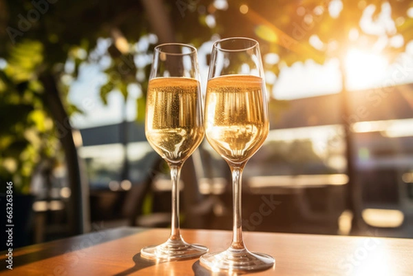 Obraz two glasses of champagne on the table outdoors