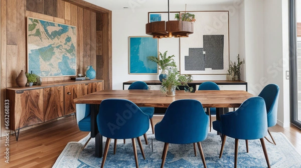 Fototapeta A modern dining area with a wooden table and abstract painting on the wall - Generative AI