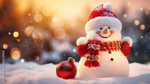 Obraz Snowman in winter landscape, invintation, website