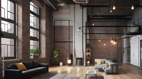 Fototapeta An industrial loft apartment with exposed brick walls and panoramic large glass windows - Generative AI