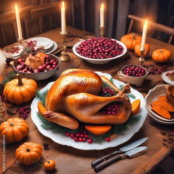 Obraz Thanksgiving feast. Turkey with vegetable side dishes on a festive table. Traditional