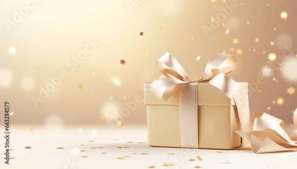Obraz gold gift box with ribbon and bow on beige background with empty copy space