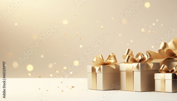 Obraz gold gift box with ribbon and bow on beige background with empty copy space