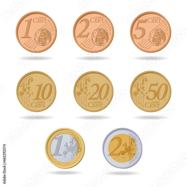 Obraz Set of coins drawn in vector style. The illustration is drawn on a white background