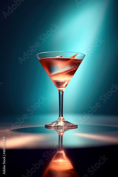 Fototapeta Transparent glass of fresh cocktail with a slice of lemon or orange. colorful drink on a bright background with shadows