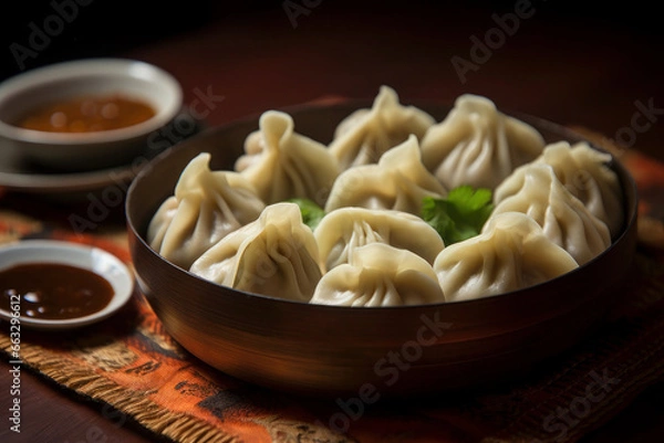 Fototapeta Khinkali with lamb on plate on wooden table. Caucasian boiled dish of dough and meat on a dark background
