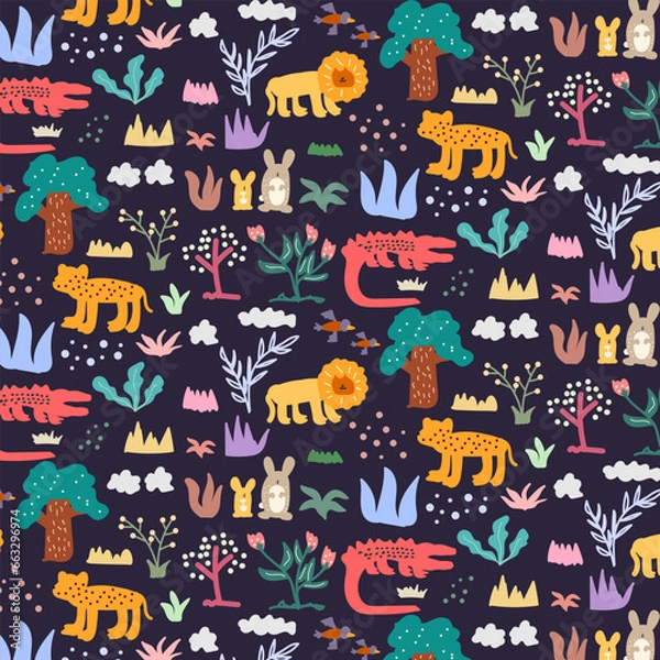 Fototapeta Cute hand drawn animals Seamless pattern. for fabric, print, textile and wallpaper