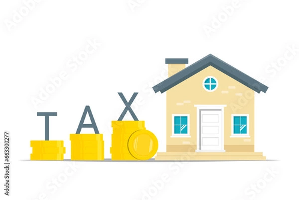 Fototapeta Tax for housing concept, House with coin stack on isolated background, Vector illustration.
