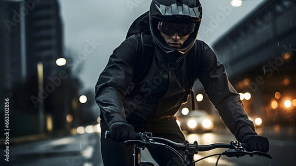 Fototapeta A guy on a bike riding down the road at night and in the rain.