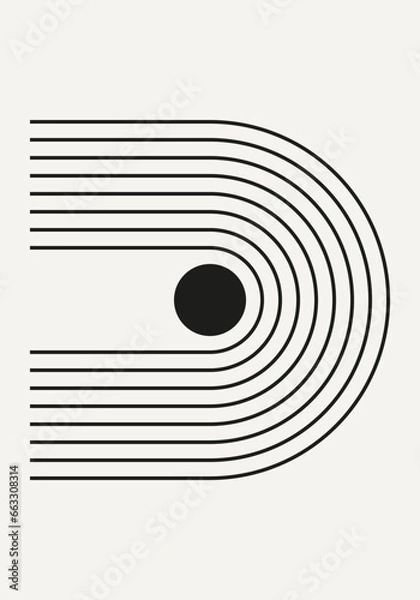 Fototapeta Abstract geometric minimalist artwork. Mid century modern and Bauhaus inspired retro poster with an arch and circle. Modern trendy black and white wall art with simple shapes.