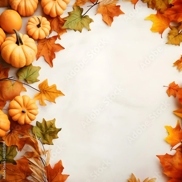 Fototapeta Autumn background with pumpkins and leaves ornamental around frame on isolated white, Thanksgiving background theme