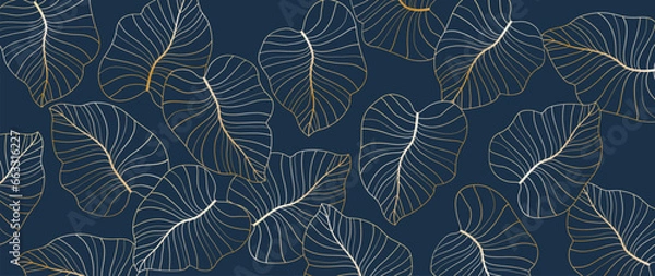 Fototapeta Golden leaf botanical modern art deco wallpaper navy blue background vector. Linear background design for interior design, vector art, trendy textile patterns, textures, posters	