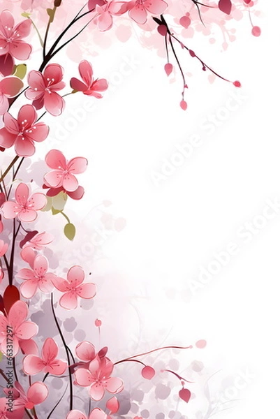 Obraz a branch with pink flowers on a white background. Abstract Pink foliage background with negative space for copy.