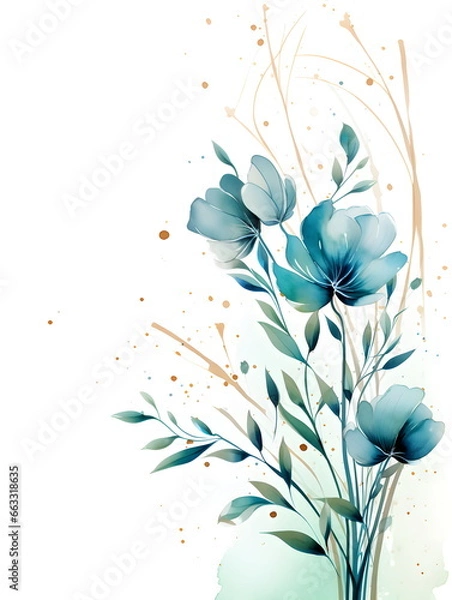 Obraz a painting of blue flowers on a white background. Abstract Turquoise foliage background with negative space for copy.