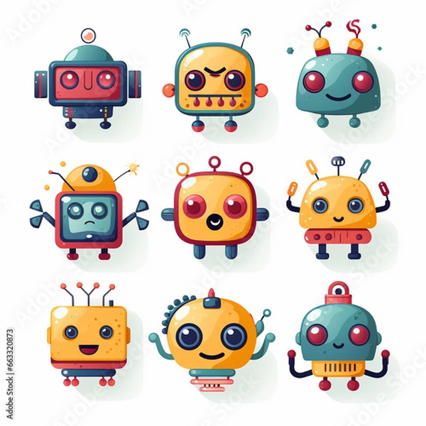 Fototapeta Set of cute robots with different emotions. Vector illustration in cartoon style.