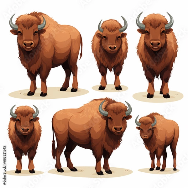 Obraz Set of different bison. Vector illustration isolated on white background.