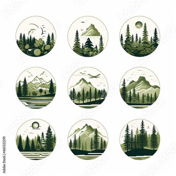 Obraz Set of icons with forest and mountains. Vector Illustration.