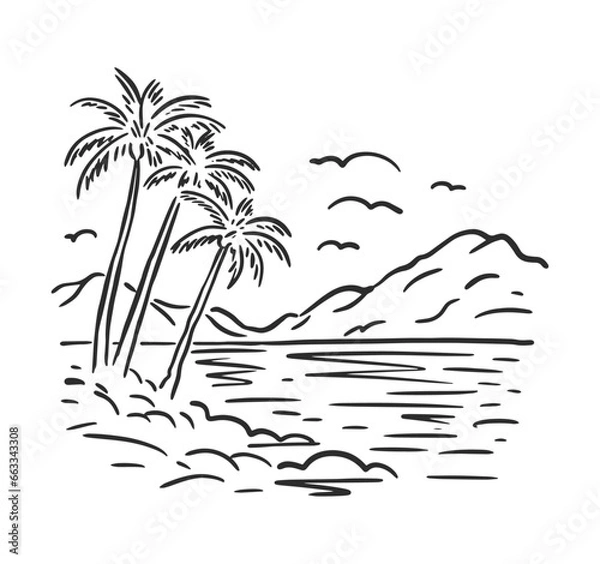 Fototapeta Panorama of the summer landscape. Tall palm trees against the backdrop of mountains and sea and clouds. Vector linear illustration