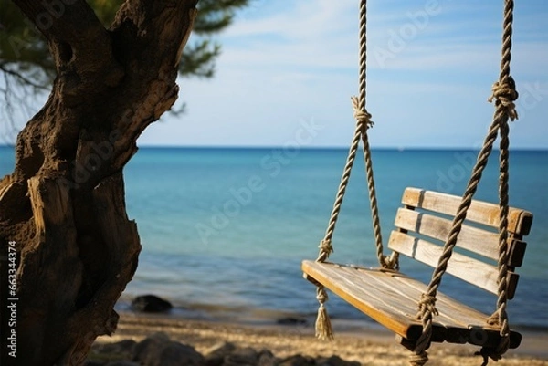 Fototapeta A wooden swing hangs from a tree, overlooking the tranquil sea