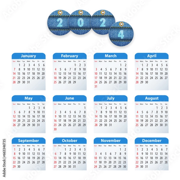 Fototapeta English Calendar 2024 with circle jeans tags