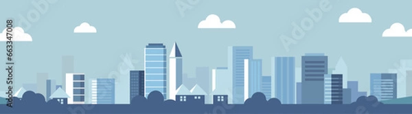 Fototapeta Vector urban building skyline bakground illustration with clouds and building and house 