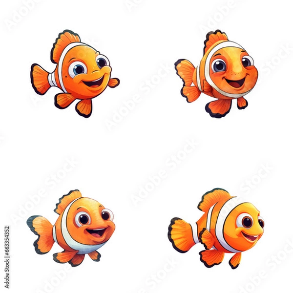 Obraz set of happy cute clownfish watercolor illustrations for printing on baby clothes, pattern, sticker, postcards, print, fabric, and books