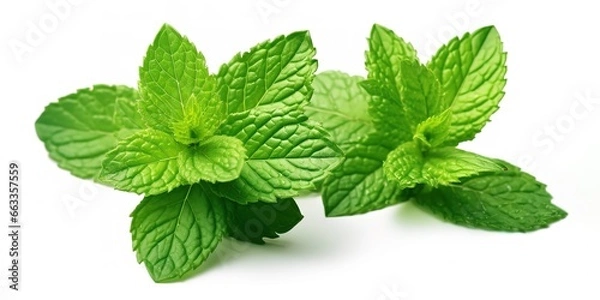 Fototapeta Fresh green mint leaves in photo on white background. generative AI