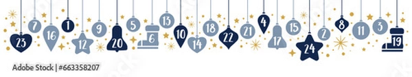 Obraz Adventskalender banner Weihnachtskugeln mit Zahlen und Sternen