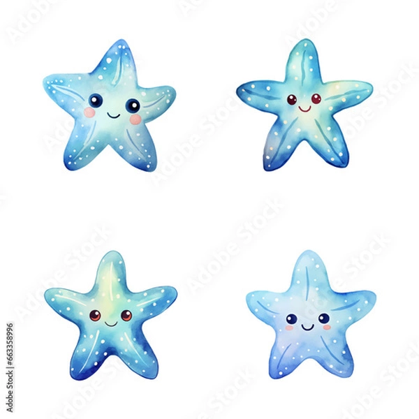 Obraz set of happy cute starfish watercolor illustrations for printing on baby clothes, pattern, sticker, postcards, print, fabric, and books