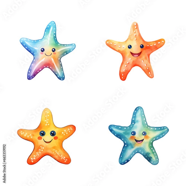 Obraz set of happy cute starfish watercolor illustrations for printing on baby clothes, pattern, sticker, postcards, print, fabric, and books