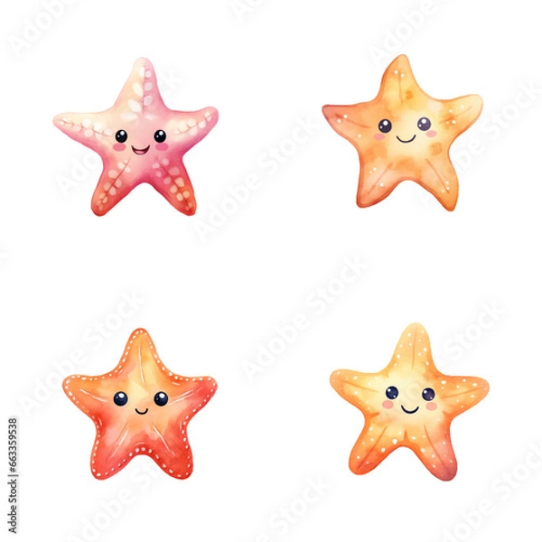 Obraz set of happy cute starfish watercolor illustrations for printing on baby clothes, pattern, sticker, postcards, print, fabric, and books